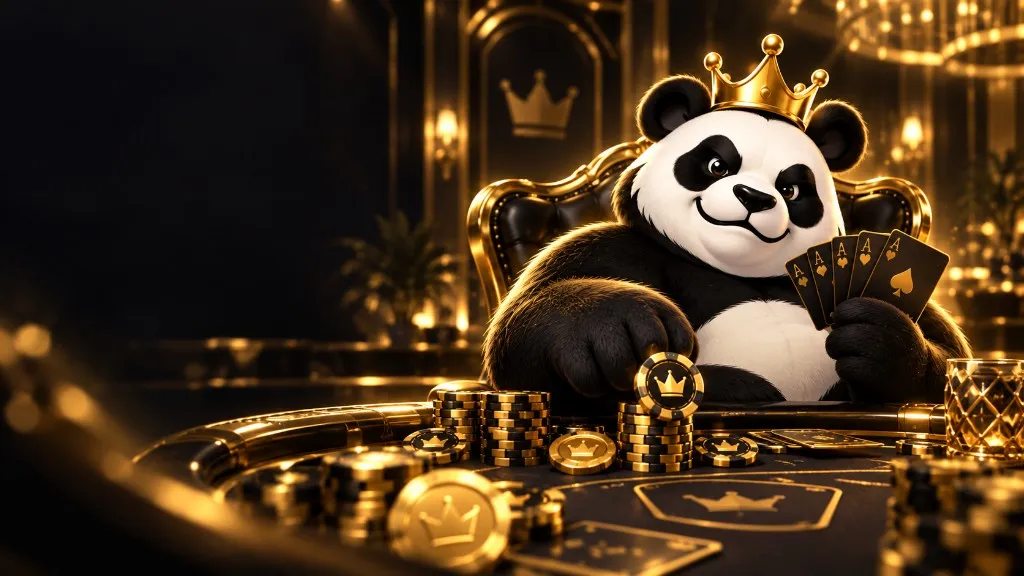 Ilustração de um panda coroado em uma mesa com cartas e fichas